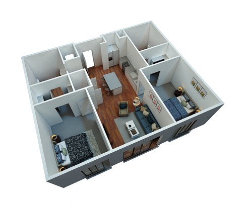 Floor plan for 2 beds, 2 baths, 890 sqft